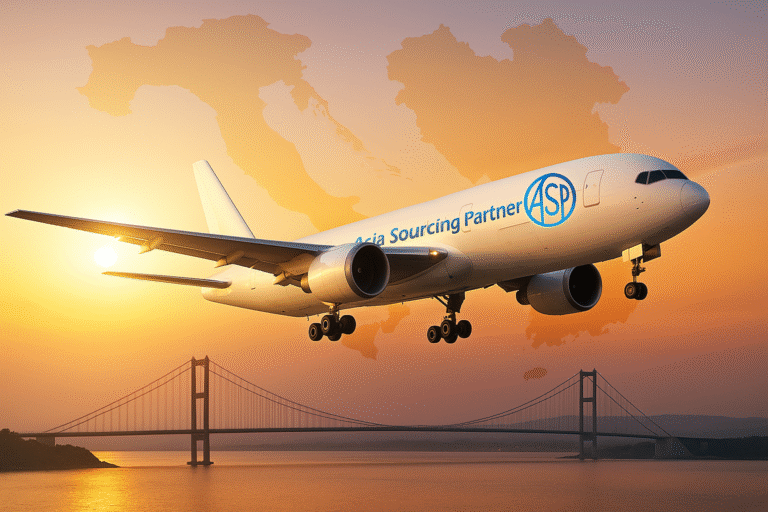 Teretni avion Asia Sourcing Partnera slijeće iznad mosta pri zalasku sunca – međunarodna logistika između Azije i Europe.