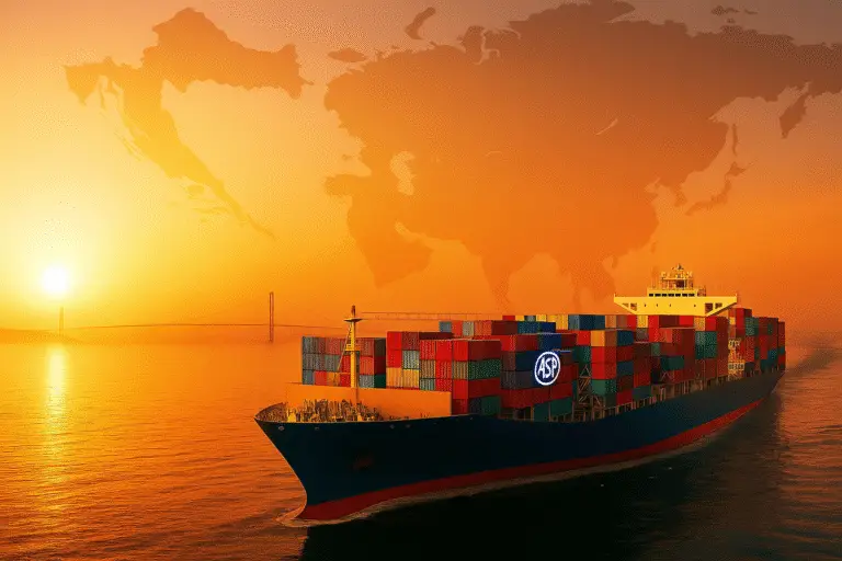 Kontejnerski brod Asia Sourcing Partnera plovi ispod mosta s pozadinom Azije i Europe.