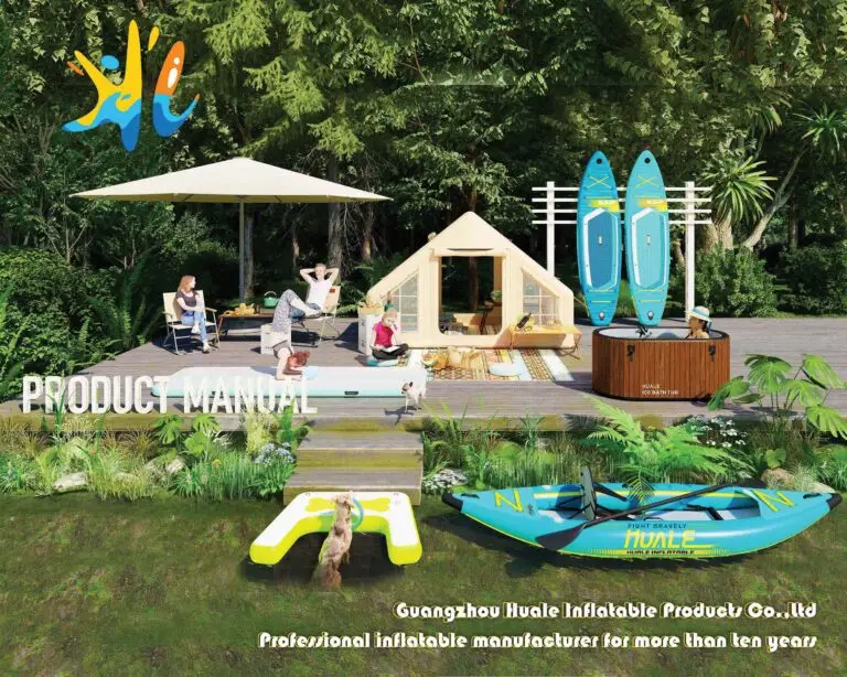 Predstavljanje suradnje između Asia Sourcing Partner i Guangzhou Huale Inflatable Products Co., Ltd. Prikaz asortimana napuhujućih proizvoda za rekreaciju i odmor.