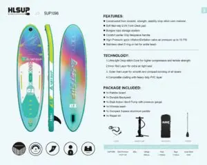 SUP daska HLSUP model 1098: Napuhujuća SUP daska izrađena od višeslojnog Drop-Stitch materijala s EVA podlogom protiv klizanja. Model HLSUP 1098 pogodan je za rekreativno veslanje i lagano manevriranje.