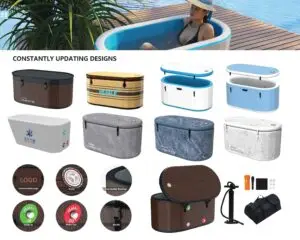 Dizajni napuhujućih kada: Prikaz različitih modela i boja prenosivih kada za kupanje i opuštanje. Mogućnost personaliziranog logotipa i završne obrade.