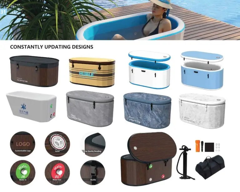 Dizajni napuhujućih kada: Prikaz različitih modela i boja prenosivih kada za kupanje i opuštanje. Mogućnost personaliziranog logotipa i završne obrade.