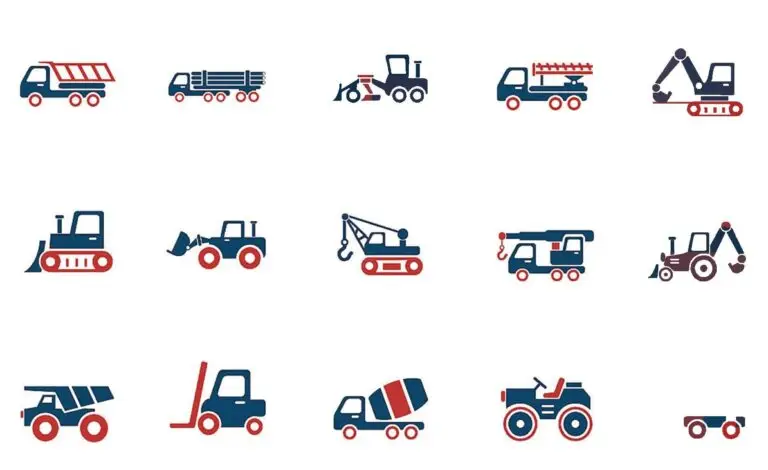 Građevinske i industrijske mašine – pregled ponude Pregled osnovnih tipova građevinskih strojeva i transportnih vozila prikazanih kao simboli radnih kategorija.