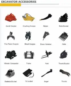Dodaci i priključci za bagere Kompletan asortiman dodatne opreme uključujući čekiće, grablje, hvataljke, prikolice, vilice, spiralne svrdla i razne vrste korpi za zemlju i kamen.