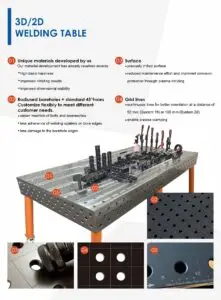 3D/2D stol za zavarivanje – konstrukcijska izvedba Prikaz konstrukcije stola s milimetarskom površinskom obradom i precizno obrađenim otvorima za pozicioniranje steznih elemenata.