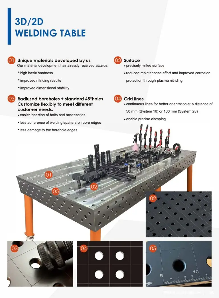 3D/2D stol za zavarivanje – konstrukcijska izvedba Prikaz konstrukcije stola s milimetarskom površinskom obradom i precizno obrađenim otvorima za pozicioniranje steznih elemenata.