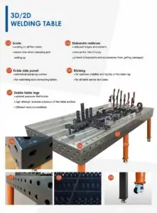 3D/2D stol za zavarivanje – detalji izvedbe Detalji konstrukcije stola s naglaskom na stabilnost, dodatne stezne površine i optimalnu raspodjelu opterećenja.