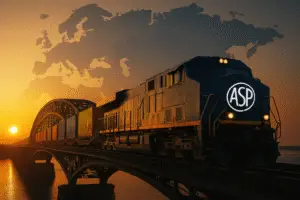 Teretni vlak Asia Sourcing Partnera s kontejnerima prelazi veliki most pri zalasku sunca.