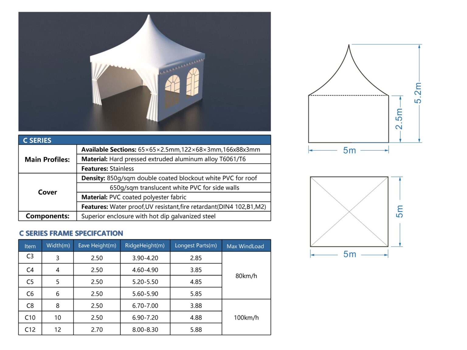 Šatorske konstrukcije izrađene od aluminija i PVC platna, namijenjene sportskim terenima, skladištima i događanjima. Otporne na vjetar, vlagu i UV zračenje, s mogućnošću montaže po mjeri.